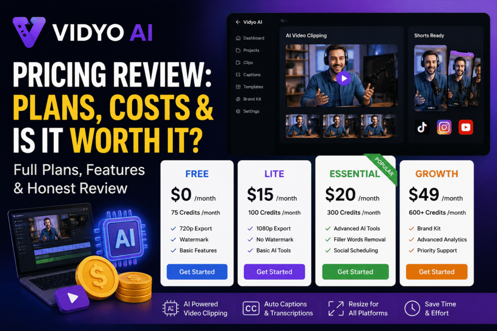 Vidyo AI Pricing Review showing plans, costs, and subscription comparison for video