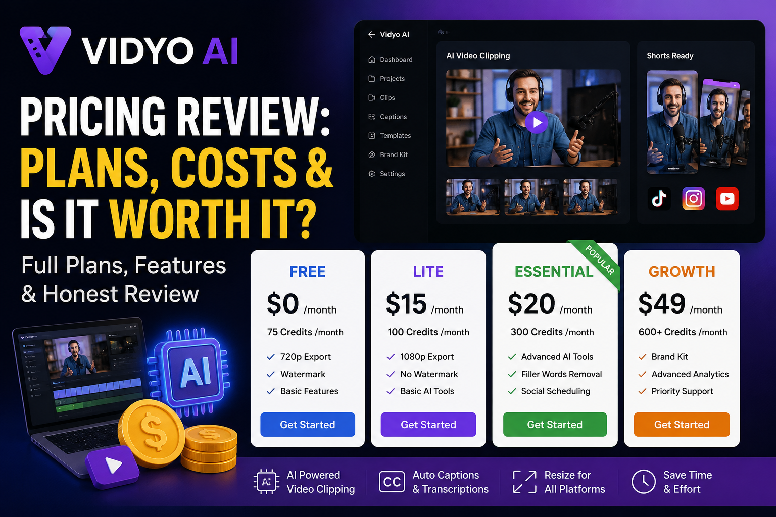 Vidyo AI Pricing Review showing plans, costs, and subscription comparison for video